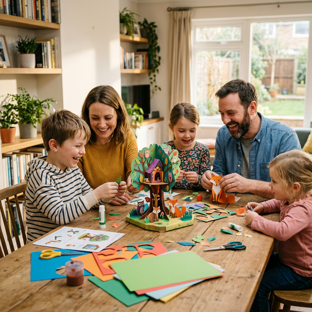 Família montando papercraft juntos